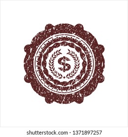 Red laurel wreath with money symbol inside icon inside distressed rubber stamp with grunge texture