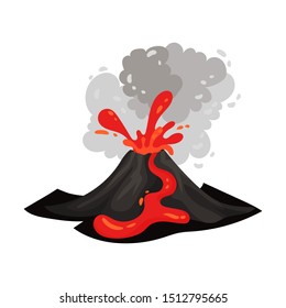 Red lava flows through a black volcano. Vector illustration on a white background.