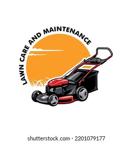 red lawn mower - lawn care and service illustration logo vector