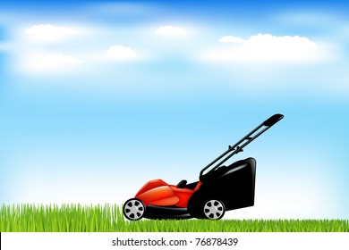 Red Lawn Mower With Grass And Blue Sky, Vector Illustration