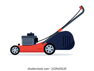 Red Lawn mower icon. Electric work tool for Mowing, Trimming, pruning or cutting grass in garden. Gardening grass-cutter. Vector illustration isolated on white background.