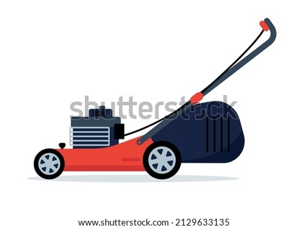 Red Lawn mower icon. Electric work tool for Mowing, Trimming, pruning or cutting grass in garden. Gardening grass-cutter. Vector illustration isolated on white background.