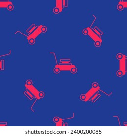 Icono de cortadora de césped rojo aislado sin fisuras en fondo azul. Cortadora de césped cortando hierba.  Vector