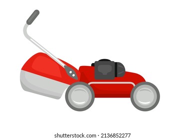 Red lawn mower isolated. Vector flat simple icon of garden equipment.