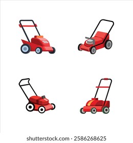 Red Lawn Mower Logo Icon Set for Gardening and Landscaping