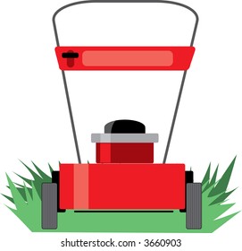 A red lawn mower on some grass