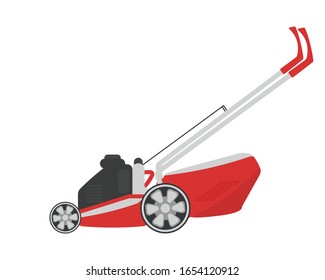 Red lawn mower. Work on a personal plot. Cutting grass. The concept of gardening, an active lifestyle and working in nature. Flat vector illustration.
