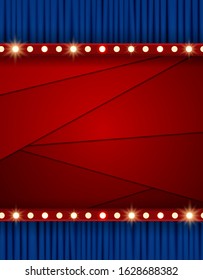 Red layered background with blue curtain. Design for presentation, concert, show. Vector illustration