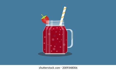 Red layered strawberry smoothie in jar with strawberry and striped straw. Glass for cocktails with handle. Fresh strawberry and glass with fruit juice. Fresh natural healthy fruit and strawberry juice