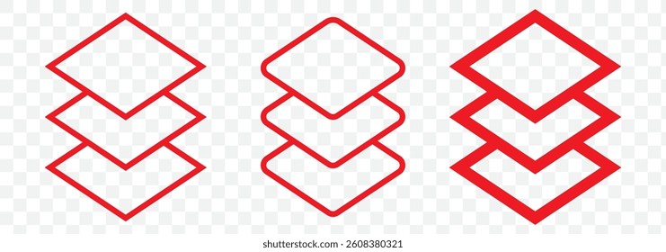 Red Layers icon vector icons set. Layers line icon set. 3 level fabric sign. three layer protection icon. multi layer material icon for Ui designs on Transparent Background. EPS 10.