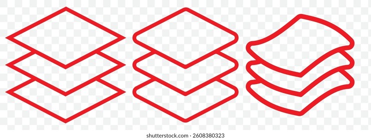 Red Layers icon vector icons set. Layers line icon set. 3 level fabric sign. three layer protection icon. multi layer material icon for Ui designs on Transparent Background. EPS 10.