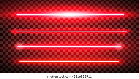 Red lazer straight lines pack isolated. Neon glowing laser beam effect. Fluorescent LED electric luminous line. Led light halogen dynamic diode. Vector illustration