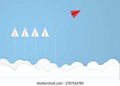 Red leader paper airplane flying on blue background. Think different business for success concept. vector illustration in flat style modern design. copy space for text input.