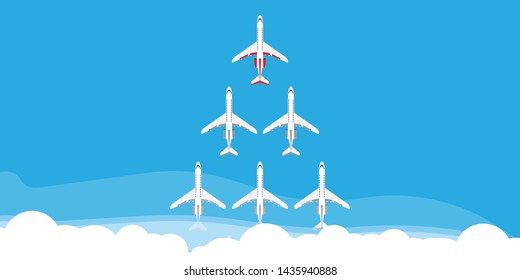 Red leader plane business concept vector illustration. Flying direction vision follow group team. Different ambition unique forward