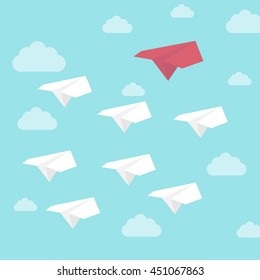 Red leading paper plane on blue sky background with clouds. Leadership, business, success, follow, motivation concept. Flat design. Vector illustration. EPS 8, no transparency