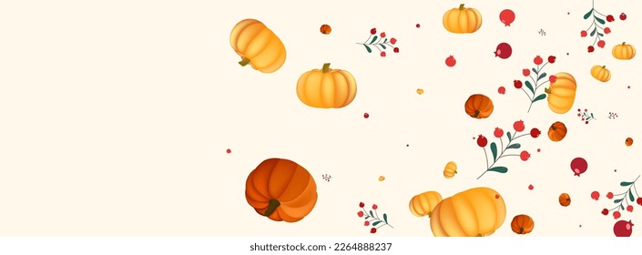 Red Leaf Background Beige Vector. Vegetable September. Green Pumpkins Card. Holiday Texture. Gold Rowan Cute Banner.