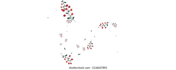 Red Leaf Background White Vector. Herb Backdrop Design. Pink Berries Paper. Border Texture. Leaves Banner.