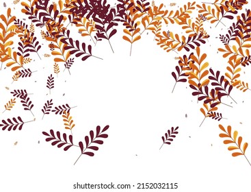 Red Leaf Background White Vector. Plant Elm Frame. Orange Herb. Yellow Leaves Decor. Cartoon Texture.