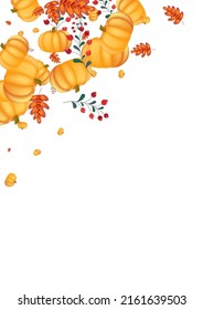 Red Leaf Background White Vector. Gourd Cozy. Burgundy Botanical Set. Wreath Frame. Orange Leaves Pumpkins Template.