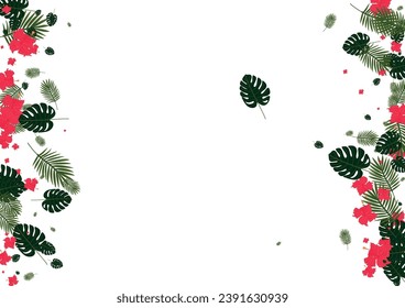 Red Leaf Background White Vector. Monstera Beauty Pattern. Orange Foliage. Holiday Texture. Green Surf Card.