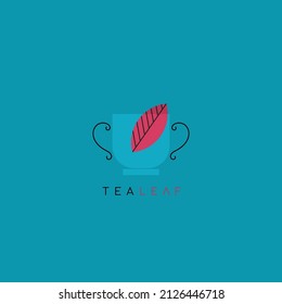 Red leaf in blue cup of tea on blue background minimalistic line art style illustration. Design for tea shop and natural products.