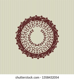 Red leaf crown icon inside distressed rubber grunge texture stamp