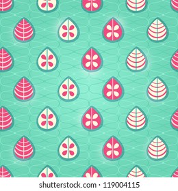 Red Leaf in Geometric Order on Green Background. Seamless Pattern