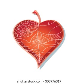 Red leaf silhouettes - heart shapes vector illustration. Love,autumn concept. As icon, design element. Isolated on white.Eps 10.