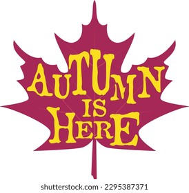 Red leaf with words Autumn is here. Autumn content.