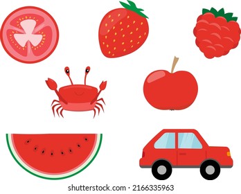 Red. Learn the color. Education set. Illustration of color. Vector illustration for kids.
