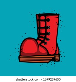 Red leather boot. Footwear object isolated on blue background
