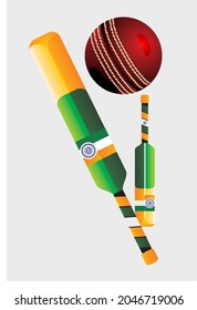 bola de cricket de cuero rojo y palo de murciélago sobre fondo de hierba con símbolos de la India 