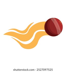 Red leather cricket ball moving fast leaving a fire trail, sport equipment vector illustration