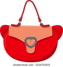 Red Leather Designer Bag With Ears And Heart Shaped Buckle Isolated On White. Designer Handbag For Lovers