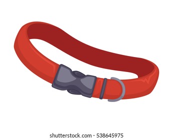 Red leather dog collar. Vector icon of dog-collar or belt for neck. domestic pet equipment for safety and security. Canine accessory for outdoors walk. Animal illustration isolated on white background