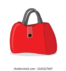 Red leather hand drawn cartoon handbag isolated on white background. Fashion concept. Flat design. Vector illustration.