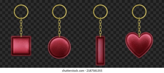 Red leather keychains realistic vector set. Luxury trinkets of square, rectangular, round, heart shape with golden metal chain and ring isolated on transparent background. Precious gift mockup