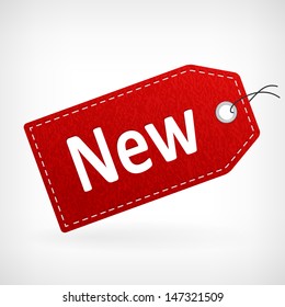 Red leather new price vector label. isolated from background. layered.