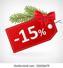 Red leather price christmas vector labels 15 percent sale off. 