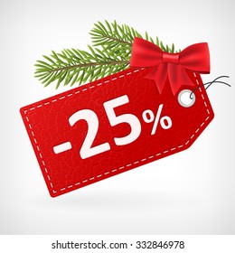 Red leather price christmas vector labels 25 twenty-five percent sale off. 