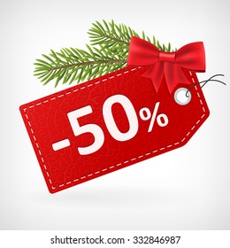 Red leather price christmas vector labels fifty percent sale off. 