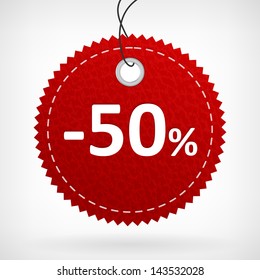 Red leather price vector labels fifthy percent. isolated from background. layered.