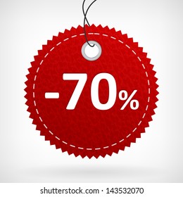 Red leather price vector labels seventy percent. isolated from background. layered.