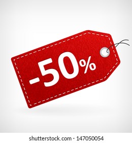 Red leather price vector labels fifty percent sale off. isolated from background. layered.