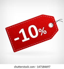 Red leather price vector labels ten percent sale off. isolated from background. layered.