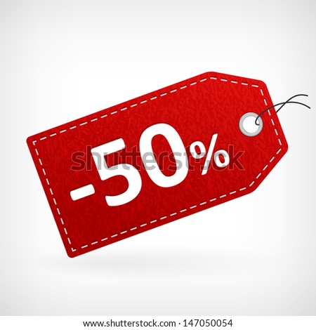 Red leather price vector labels fifty percent sale off. isolated from background. layered.