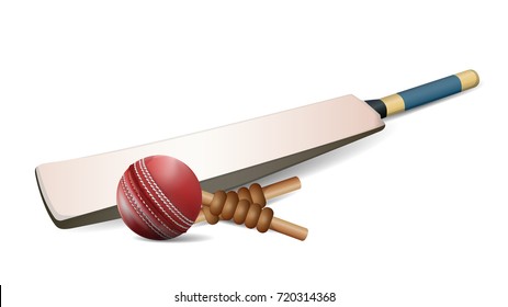 Red leather stitched Cricket ball, wooden wickets and bat isolated on white background with copy space. vector and illustration.