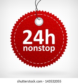 Red leather twentyfourth haur nonstop vector label. isolated from background. layered.