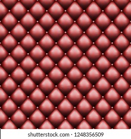 Red leather upholstery with sewin rivets. Luxury background. Seamless pattern. Vector illustration.