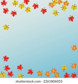 Red Leaves Background Blue Vector. Foliage Season Texture. Green November Leaf. Design Floral Design.